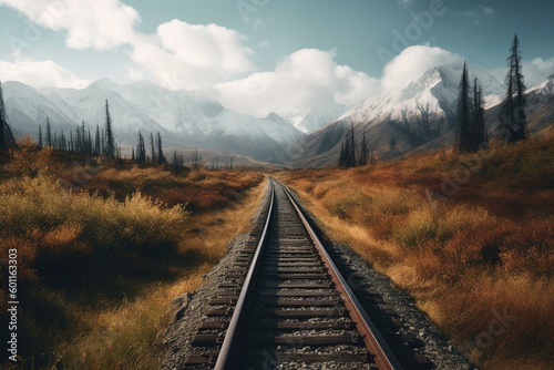 Railway to Denali National Park in Alaska surrounded by majestic mountains. Generative AI