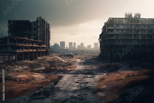 A desolate metropolis: Broken edifices and dusty roads in a dystopian wilderness. Generative AI