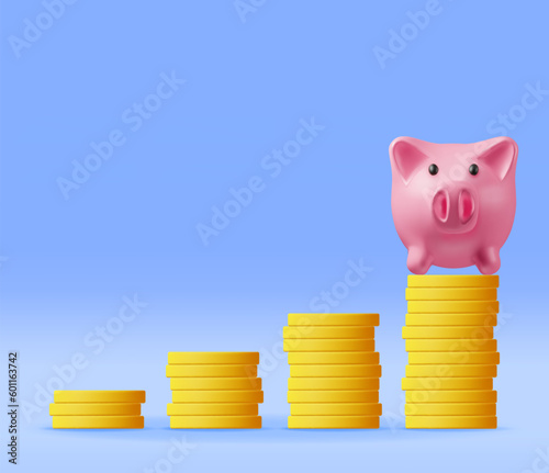 3D Piggy Bank and Growing Stacks of Coins. Render Plastic Piggy Bank for Money. Moneybox in Form of Pig. Concept of Cash Money, Business Deposit Investment, Financial Savings. Vector Illustration