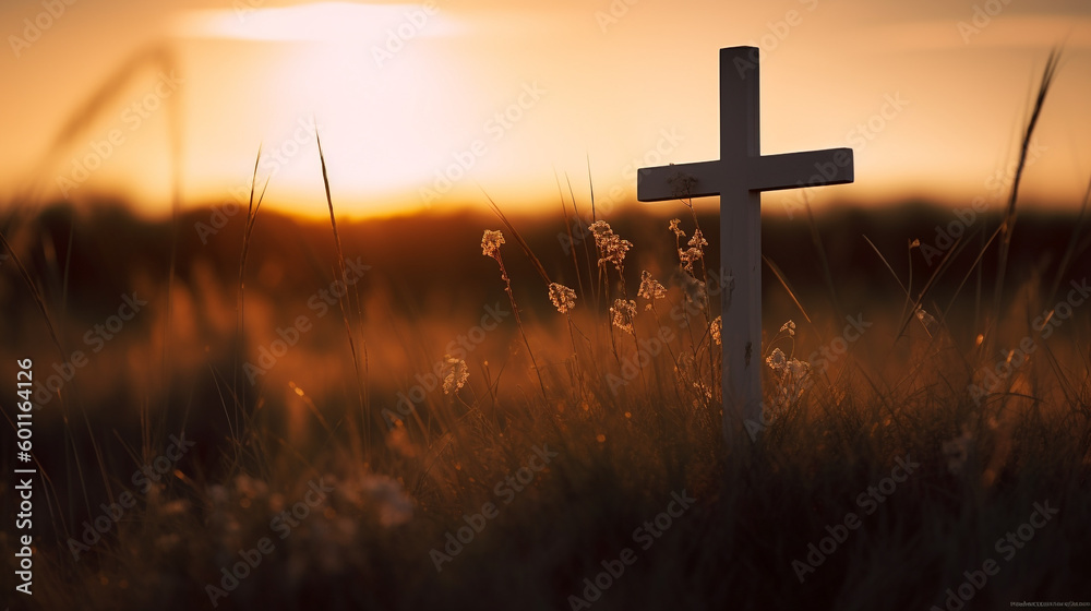 Life and death, religious grave stone cross in a grassy field at sunset - Generative AI