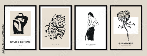 Abstract boho style botanical and female silhouettes vector art print posters for your wall art gallery