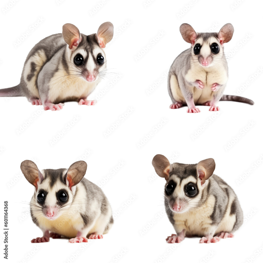 set of 4 sugar glider isolated on transparent png background, different positions Australia endemic animal, cute small pet generative ai