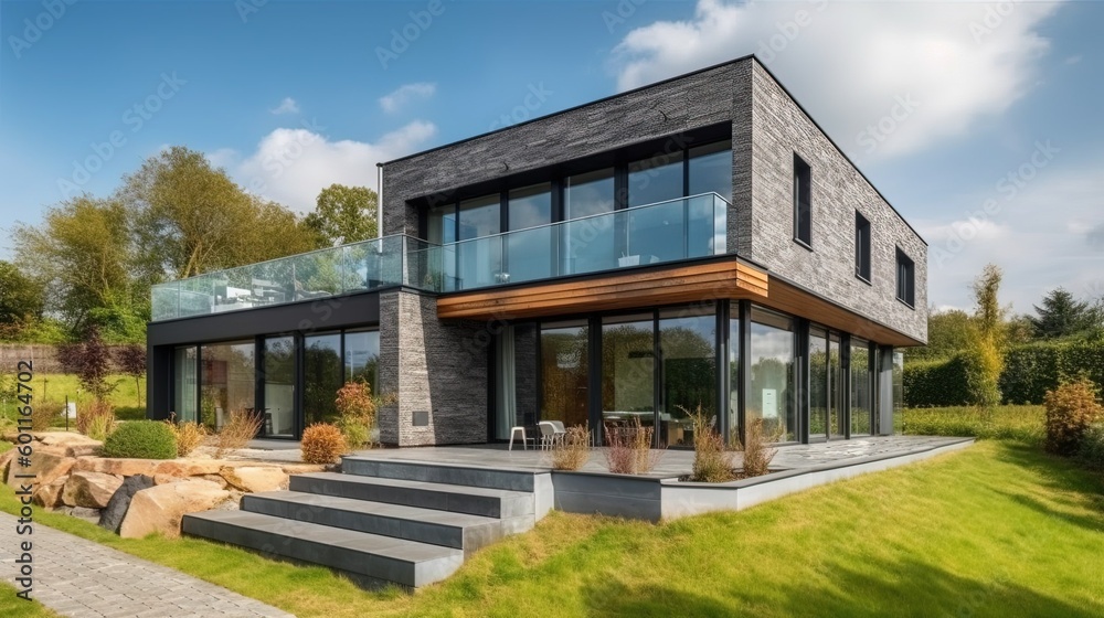 Exterior of modern house with large windows  created with Generative AI technology.