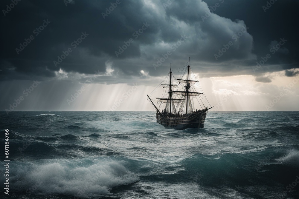 Stormy seascape with pirate vessel and lightning bolt amidst clouds, with horizon in distance. Generative AI