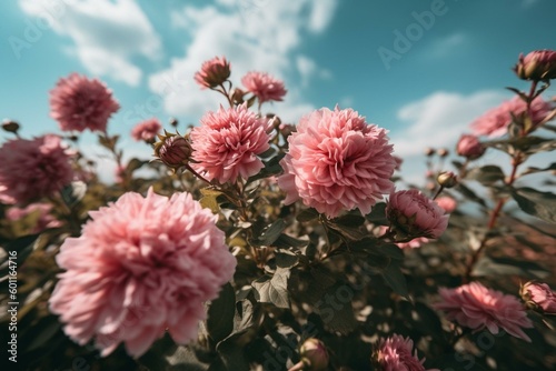 Pink flowers, clear sky and fluffy clouds. Generative AI