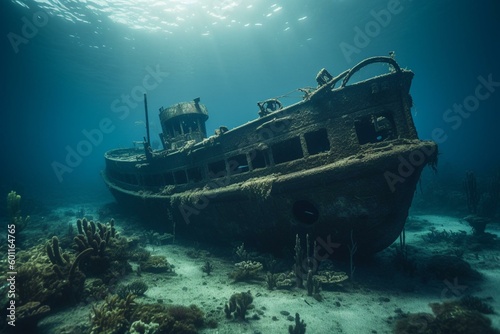 An underwater ship wreck on ocean floor. Generative AI © Saffron