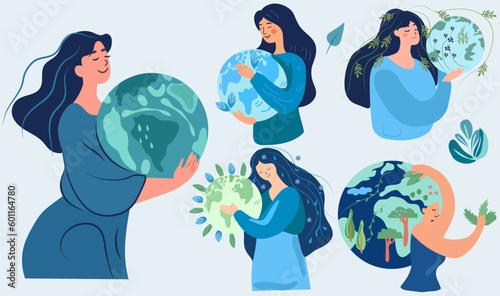 Hands cradling the globe, expressing a profound respect and care for Mother Nature. A visual representation of the pressing issues of global warming and climate alteration. Vector.