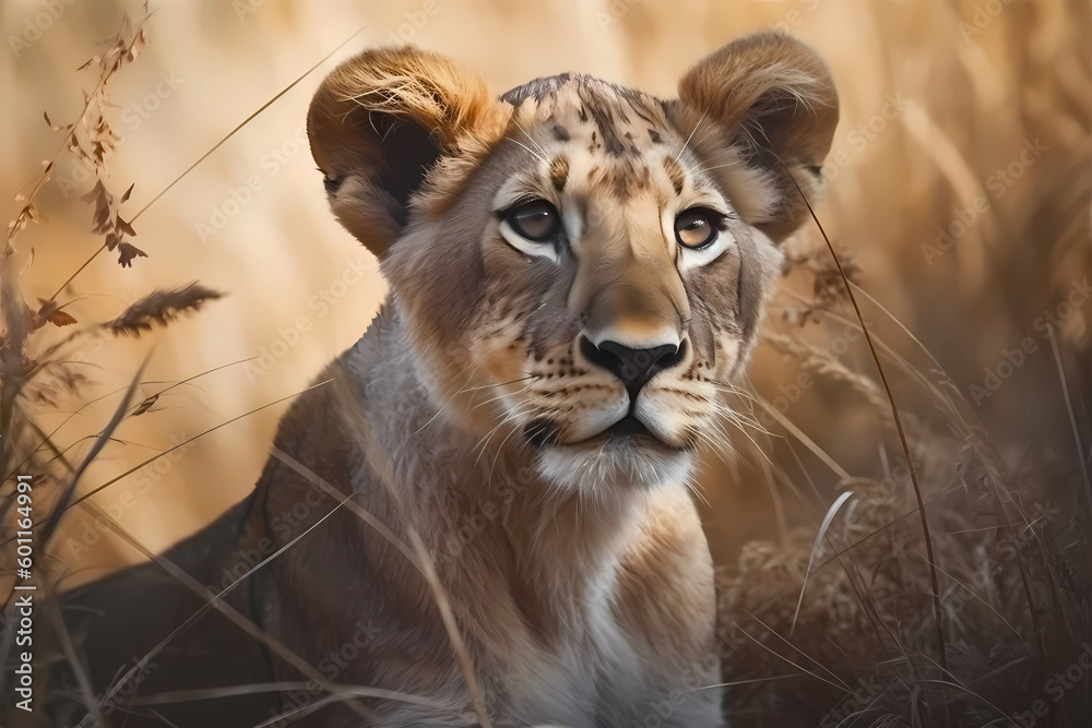 Realistic illustration of a lion cub in the savannah. Generative AI