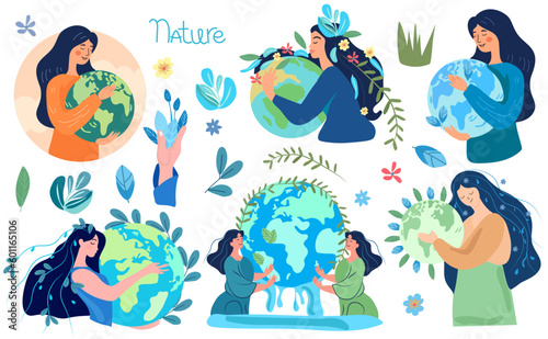 Hands cradling the globe, expressing a profound respect and care for Mother Nature. A visual representation of the pressing issues of global warming and climate alteration. Vector.