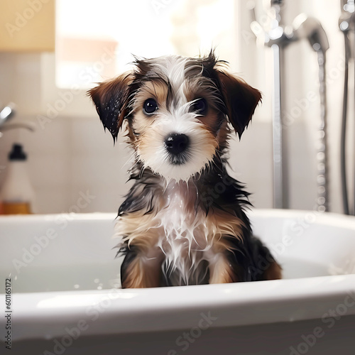 Cute shaggy, kind puppy sits in a bath and bathes. Generative AI