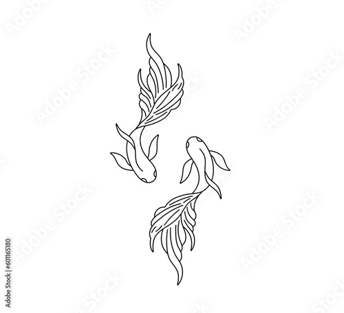 Vector isolated two pair couple of beautiful fishes with long tail top view ying yang pose colorless black and white contour line easy drawing