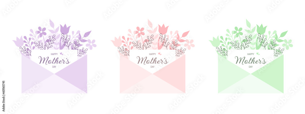 Set of colored monochrome envelopes with Mother's Day greeting cards and flowers inside on a white background. Flat vector illustration Set of colored monochrome envelopes with Mother's Day greeting cards and flowers inside on a white background. Flat vector illustration