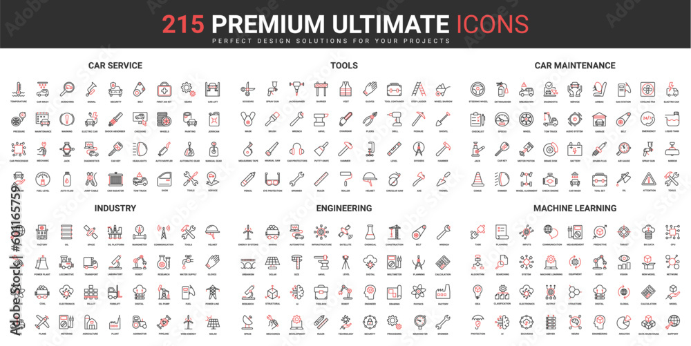 Industry thin line red black icons set vector illustration. Abstract symbols of tools and equipment for engineering and car maintenance service, machine learning simple design for mobile and web apps - obrazy, fototapety, plakaty 