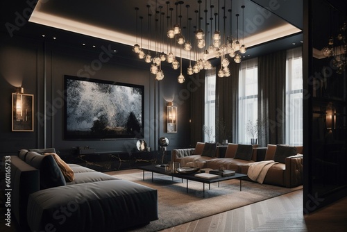 3D rendered modern home theater room. Generative AI