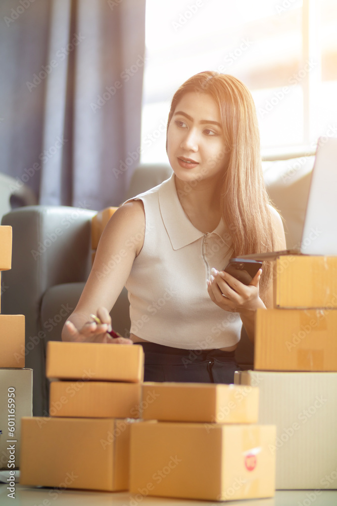Many parcel boxes are prepared and inspected before calling shipping company to pick up parcel for delivery. entrepreneurs SMEs have prepared parcel boxes for delivery after receiving orders