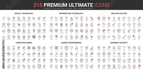 Information technology, internet thin line red black icons set vector illustration. Abstract symbols digital cyber security, computer games, programming software simple design for mobile, web apps