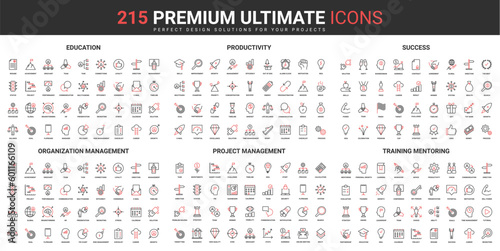 Success of business organization thin line red black icons set vector illustration. Abstract symbols productivity of education, training, project management, mentoring simple design, mobile web apps