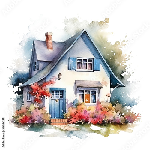 Cute watercolor house. Illustration AI Generative.