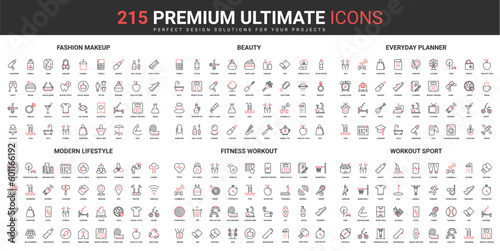 Beauty, sport exercises for healthy modern lifestyle thin line red black icons set vector illustration. Abstract symbols planner food diet, sport and leisure simple design for mobile and web apps