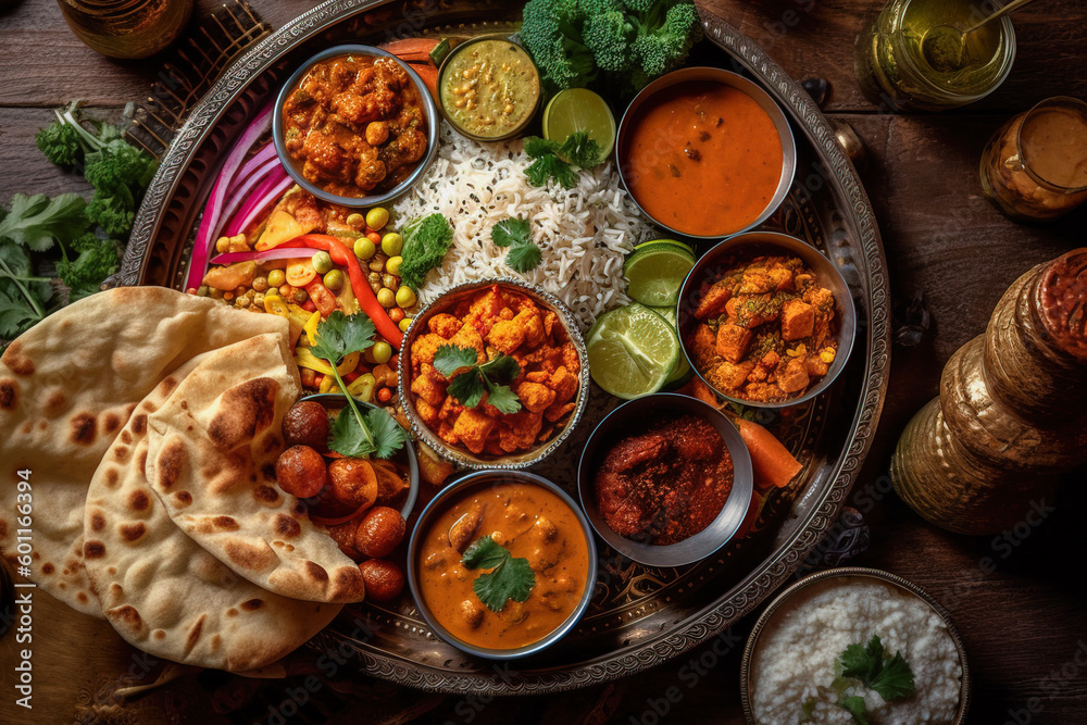 overhead view of a thali, a traditional Indian platter, filled with an assortment of colorful curries, fragrant rice, crispy papadums, and freshly baked naan bread.