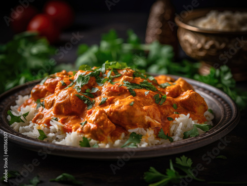 A close-up shot of a steaming plate of butter chicken, featuring tender chicken pieces smothered in a rich and creamy tomato-based sauce, garnished with fresh cilantro leaves. AI-generated image