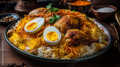 Plate of biryani, showcasing fragrant basmati rice cooked with aromatic spices, succulent pieces of chicken, and garnished with caramelized onions and boiled eggs. photo