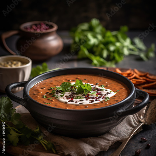 Creamy and aromatic dal makhani, featuring black lentils and kidney beans cooked to perfection in a rich blend of spices. AI-generated image photo