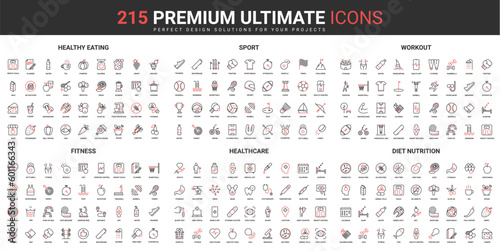 Healthy food, fitness workout and sports, healthcare thin line red black icons set vector illustration. Abstract symbols of gym equipment and exercises, medical cure simple design for mobile, web apps