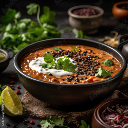 Creamy and aromatic dal makhani, featuring black lentils and kidney beans cooked to perfection in a rich blend of spices. AI-generated image photo