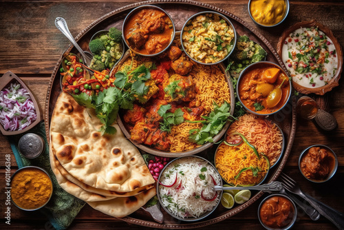 overhead view of a thali, a traditional Indian platter, filled with an assortment of colorful curries, fragrant rice, crispy papadums, and freshly baked naan bread.