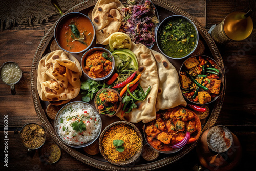 overhead view of a thali, a traditional Indian platter, filled with an assortment of colorful curries, fragrant rice, crispy papadums, and freshly baked naan bread. photo