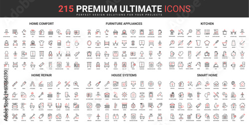 House systems for comfort, smart home thin line red black icons set vector illustration. Abstract symbols modern furniture and kitchen appliances, repair equipment simple design for mobile, web apps