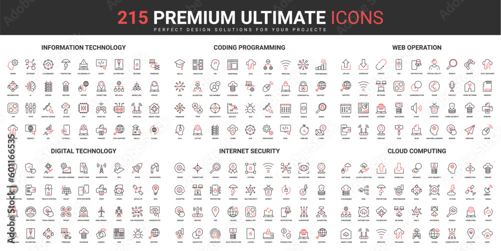 Web coding, programming and internet security thin line red black icons set vector illustration. Abstract symbols information, digital technology, cloud computing simple design for mobile and web apps - obrazy, fototapety, plakaty 