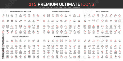 Fotografiet Web coding, programming and internet security thin line red black icons set vector illustration
