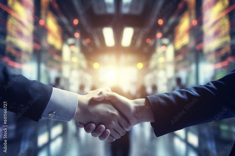 A handshake between two businessmen in front of a blurred background of trading screens, with bokeh lights in the background, business, trading, bokeh Generative AI