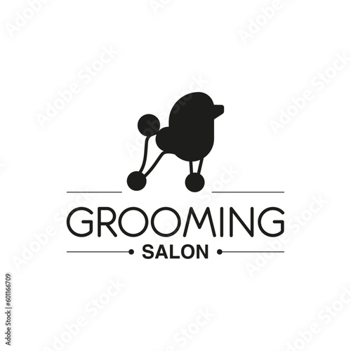 Logo for grooming barbershop and pet care salon for dogs and cats. Silhouette of a graceful poodle with a wash silhouette black. Flat style. Vector illustration.