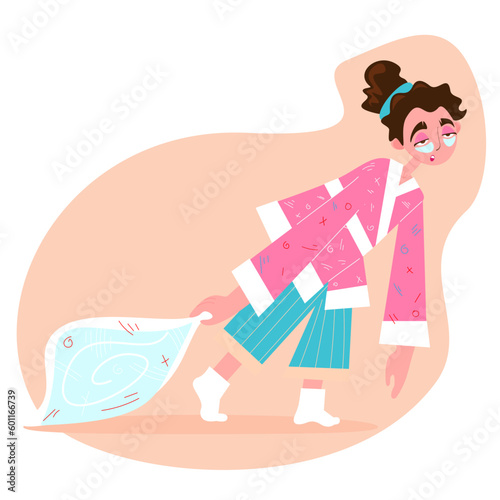Sleepy funny girl wakes up in the morning and barely standing with a pillow. Young woman in pajamas vector isolated illustration on white background. Not a morning person.