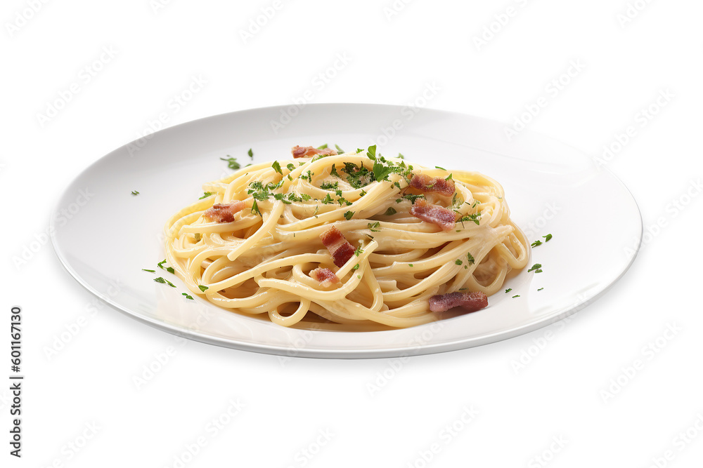 Plate of spaghetti carbonara with bacon and parsley on cutout PNG transparent background. Generative AI