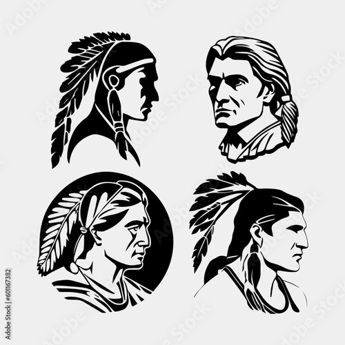 set of silhouette of a tribal indian