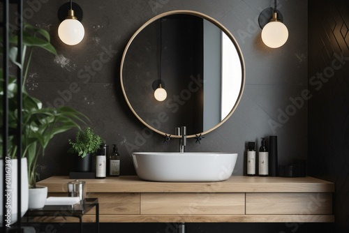 Minimalistic bathroom decor with mirror and accessories. Ideal for postcards, congratulations and posters. Generative AI