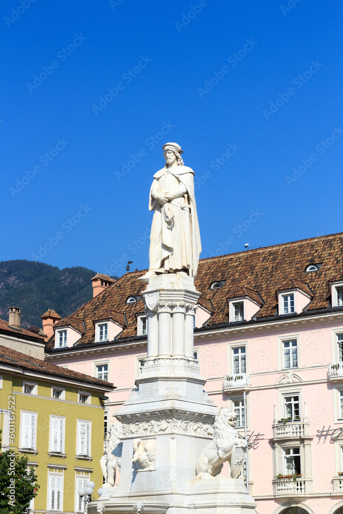 Walther von der Vogelweide memorial statue on Walther square in the center of Bolzano, South Tyrol, Italy
