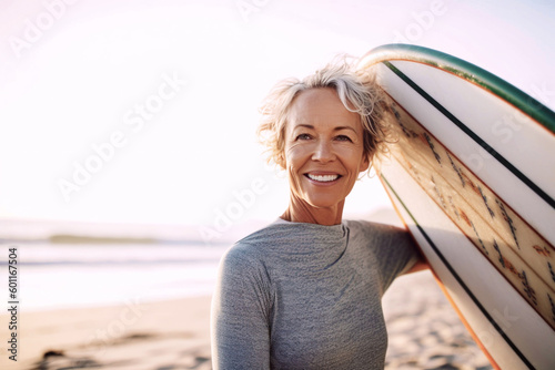 Middle-aged woman holding a surfboard on a beach, radiating vitality, optimism, health, and wellbeing, aging gracefully and embracing active lifestyle, generative ai