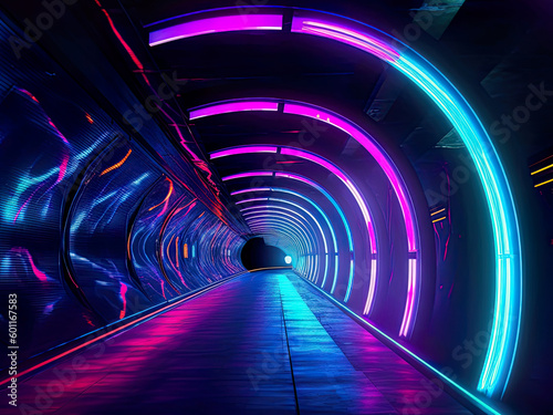 Dark tunnel at night. Neon lights are reflected on the surface. Generative AI