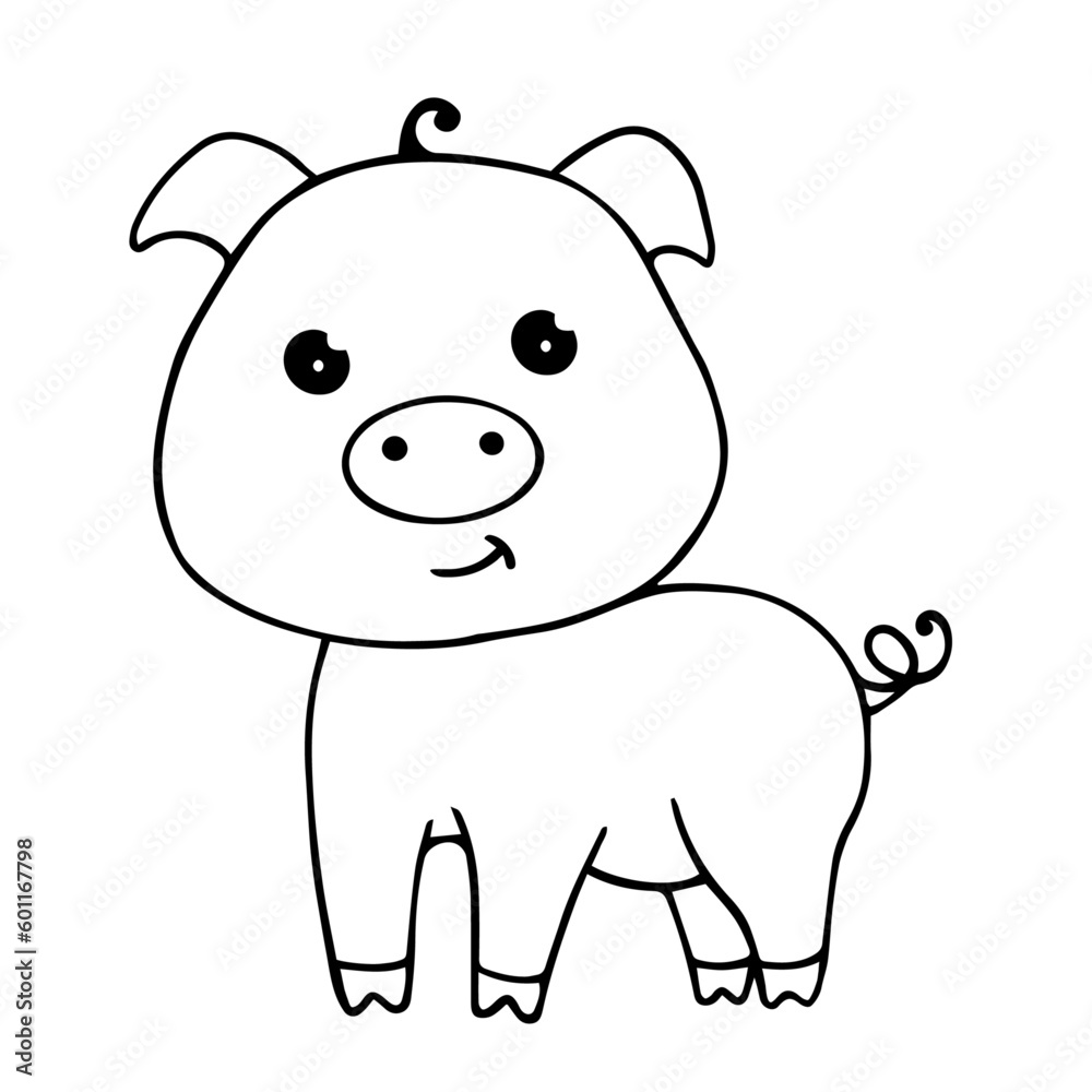 Fototapeta premium Linear sketch, coloring of a little pig. Vector graphics.
