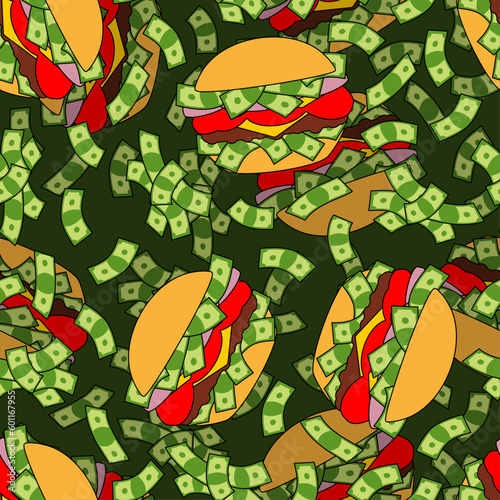 Money burger pattern seamless. Hamburger with dollars background. Fast food millionaire texture