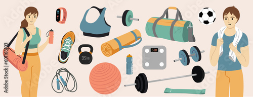 Set of sports equipment and sportswear. Vector illustration of sports equipment, guy and girl. Image for sports design, stickers, web design elements, cards, banners