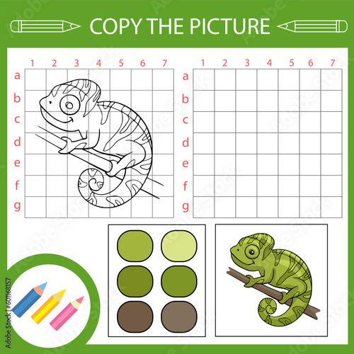 Kids education activity art game. Printable activity page. Copy the picture of lizard chameleon. Kids draw worksheet. Children drawing lesson. 