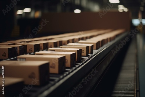 A line of brown boxes on a conveyor belt in a large warehouse. Generative AI