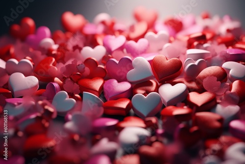 A vibrant background with hearts in various shades of red, pink, and white. 3D rendering of Valentine's Day wallpaper. Generative AI