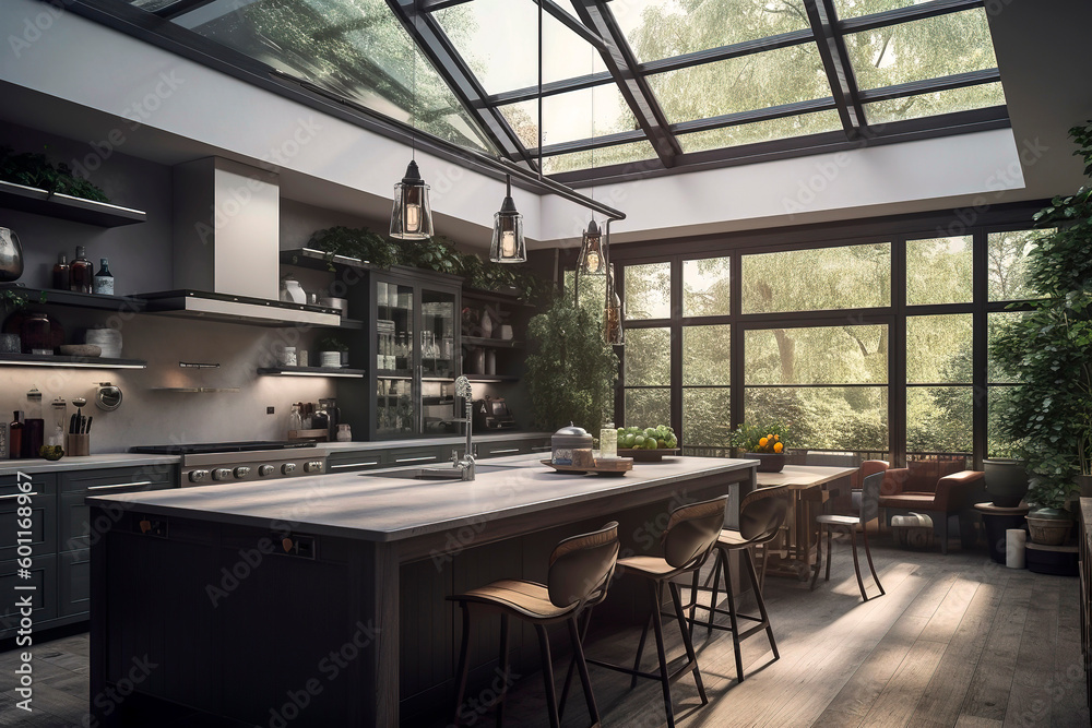 Generative AI illustration of designed cozy kitchen with glass roof, light and spacious high ceiling two floors volume with reclaimed wood furniture